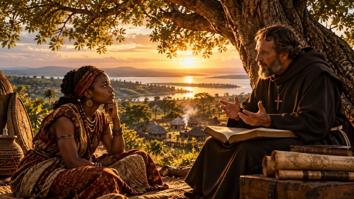 Young Mnyazi stands beneath a great coastal baobab beside Friar Mark, surrounded by the quiet landscape where her questions about justice begin.