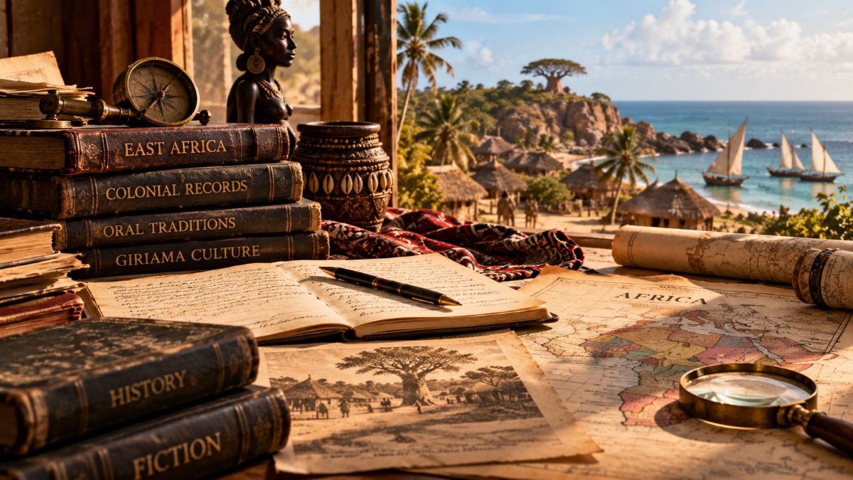 Research table displaying East African maps, archival books, cultural artifacts, oral-history materials and historical illustrations beside the coast.