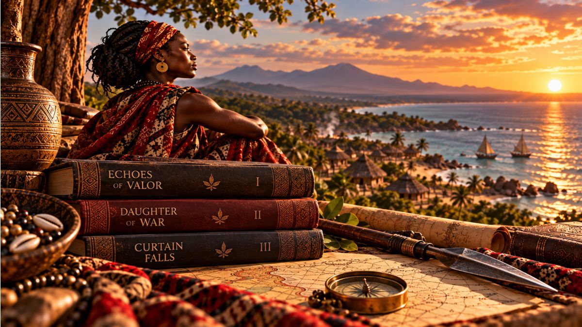 Woman overlooking a coastal village at sunset beside three books titled Echoes of Valor, Daughter of War and Curtain Falls, with a map, spear and compass.