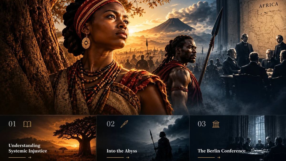 Cinematic African historical scene with a determined woman, warrior, distant army, and European colonial conference beneath a dramatic golden-blue sky.
