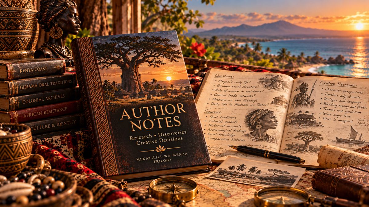 A writer's research desk displays books, maps, handwritten notes and cultural artifacts, with a coastal landscape and sunset visible through the window.