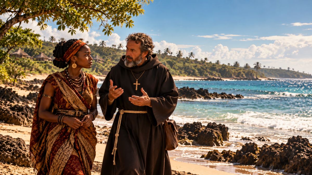 Mnyazi and Friar Mark walk beside a quiet Kenyan coast, engaged in a thoughtful conversation beneath palms and a warm midday sky.