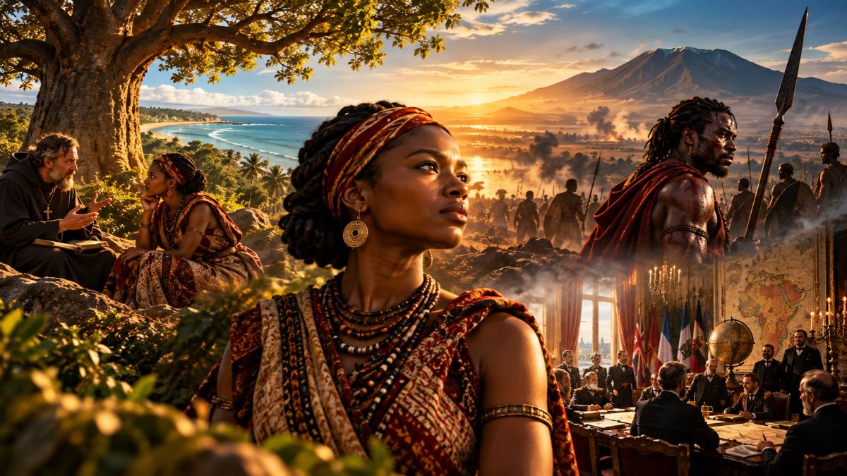 Symbolic African historical tableau combining a baobab, warrior, village and distant European conference to connect intimate lives with wider forces.