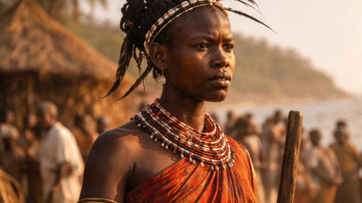 Young African woman in traditional coastal attire, evoking Mekatilili wa Menza’s early life and the overlooked foundations of Kenyan resistance history.