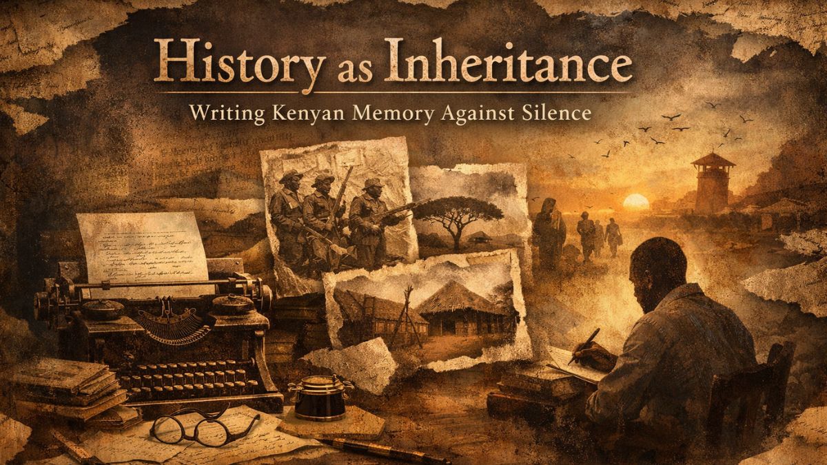 Kenyan writer surrounded by archival images and manuscripts, symbolizing history as inheritance and remembrance.
