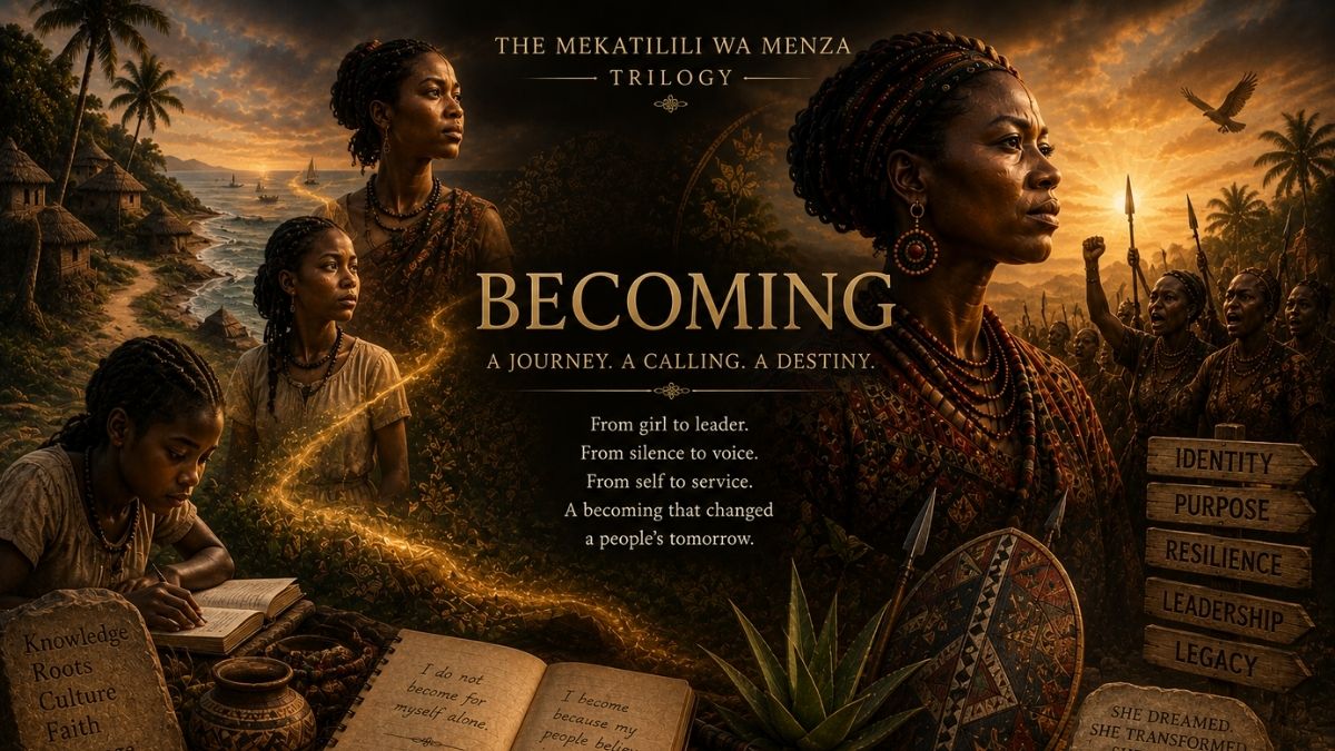 Cinematic Mekatilili wa Menza trilogy banner portraying her journey from girl to leader, symbolizing identity, purpose, resilience, leadership and legacy.
