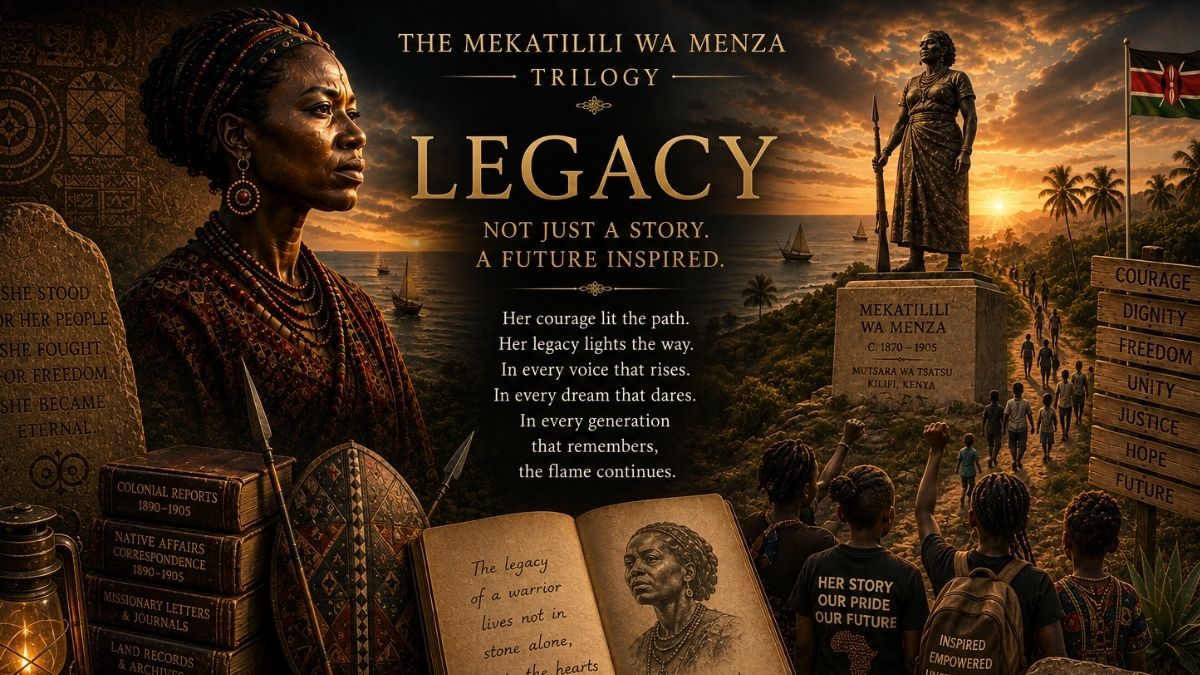 Cinematic Mekatilili wa Menza trilogy banner portraying her enduring legacy through courage, cultural memory, ancestral stories, inspired youth and Kenya’s future.