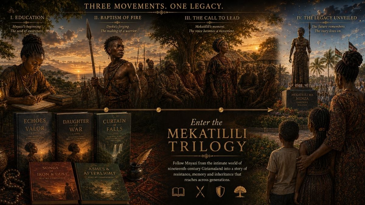 Cinematic banner tracing the Mekatilili Trilogy from Mnyazi’s education and Dyeka’s baptism of fire to Mekatilili’s leadership and a legacy carried forward.