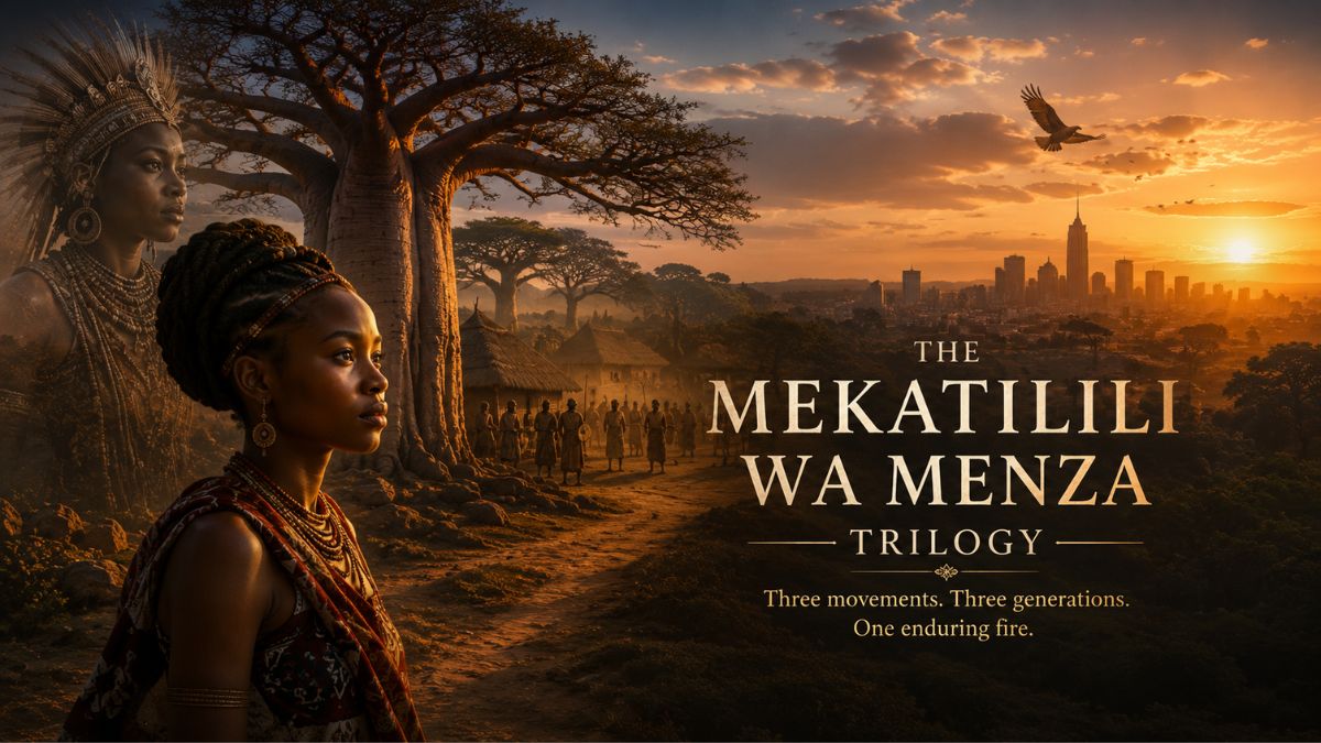 Cinematic Mekatilili wa Menza Trilogy artwork showing a young woman, ancestral matriarch, baobab landscape, village path and modern Kenyan skyline at sunset.