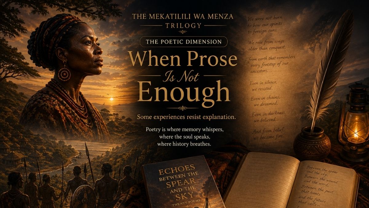 Mekatilili wa Menza beside a poetic manuscript, spear-wielding figures and lantern beneath an African sunset, evoking memory, resistance and Echoes Between the Spear and the Sky.