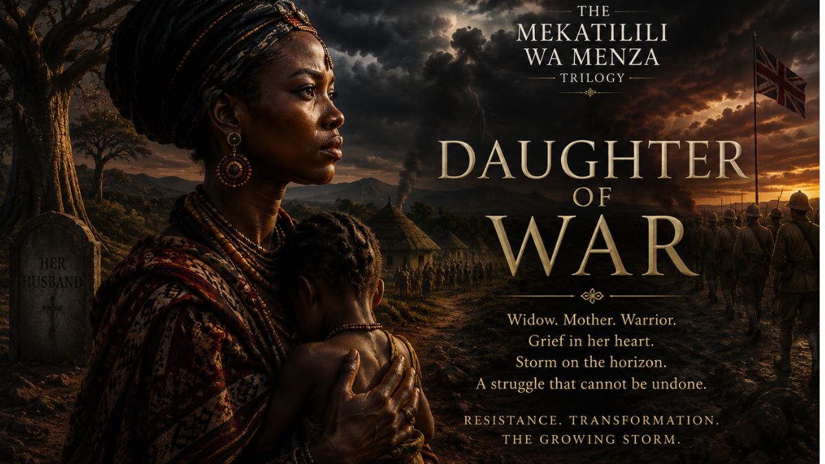 Daughter of War book cover showing Mekatilili as a grieving mother beside her husband’s grave, with colonial soldiers, storm clouds and a village under threat.