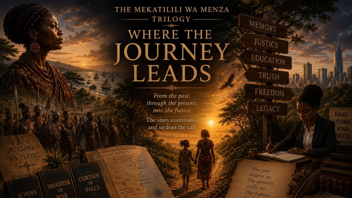 Cinematic banner for the Mekatilili wa Menza Trilogy showing ancestral memory, coastal Kenya, the trilogy’s three books, and a path toward justice, freedom and legacy.